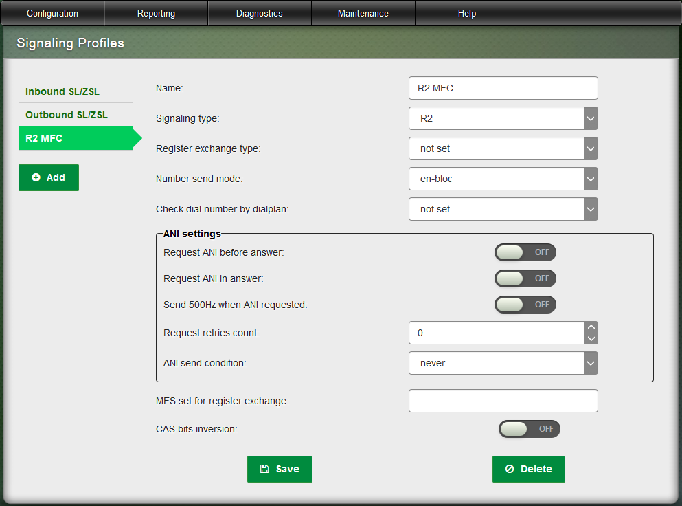 Web Interface page for Configuring R2 MFC signaling system