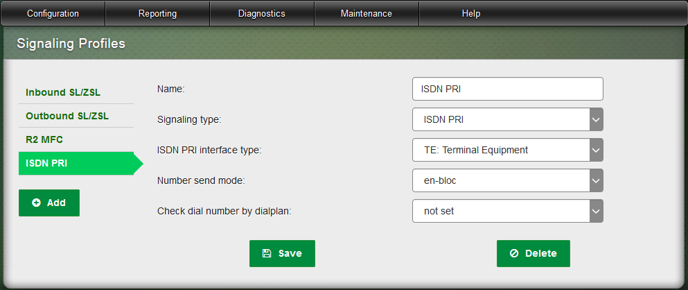 Web Interface ISDN PRI (DSS1) Signaling Profiles