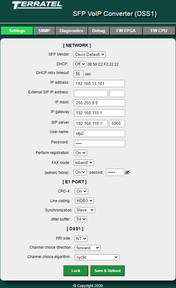 Web interface - Configuring SFP VoIP Converter on the Settings tab